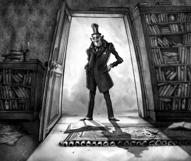Mr. Kolschok Düsterer Raum mit einer Person in einem Anzug, die in eine Tür steht. Bücherregale im Hintergrund.