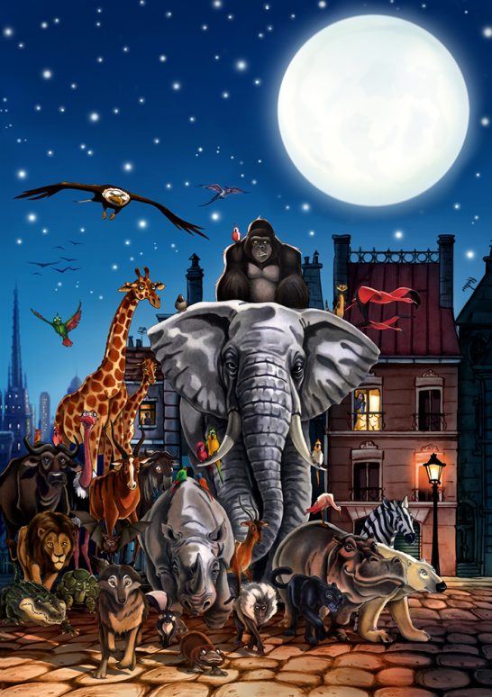 Endlich am Ziel / Band 15 Einheimische Tiere versammeln sich unter dem Mondschein in einer städtischen Szenerie.