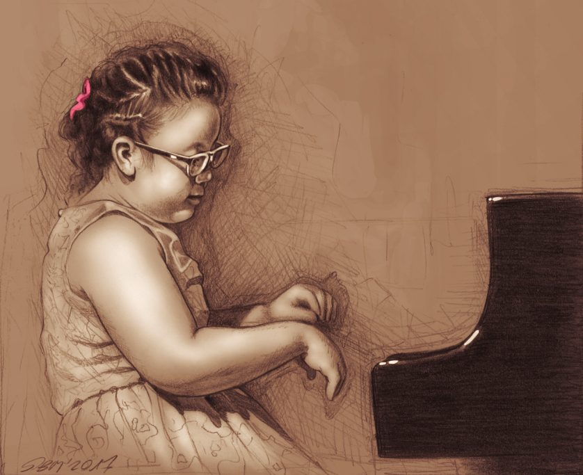 Junge Thailänderin - 2020, 2017, pencil, acrylic, digital Ein Mädchen mit Brille spielt konzentriert Klavier.