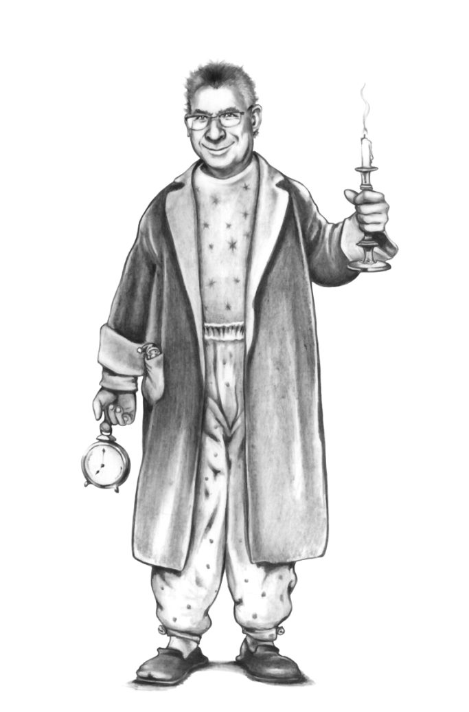 Sterntaler - 2018, Pencil Mann in einem Bademantel hält eine Kerze und eine Uhr, mit Brille und fröhlichem Gesicht.