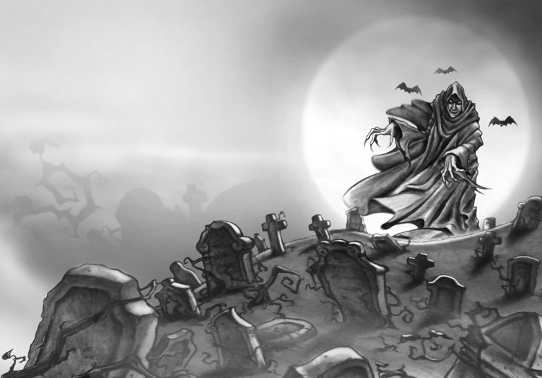 Der Geist Morticor Schattenhafte Figur in einem Umhang, umgeben von Grabsteinen und fliegenden Fledermäusen.