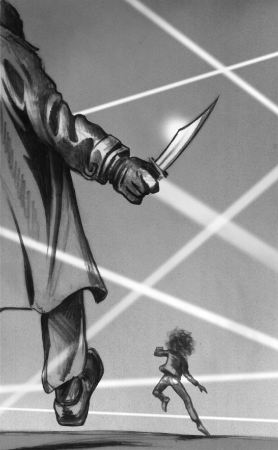 Die Flucht Jemand verfolgt eine Person, die vor einem gefährlichen Angreifer mit einem Messer flieht.