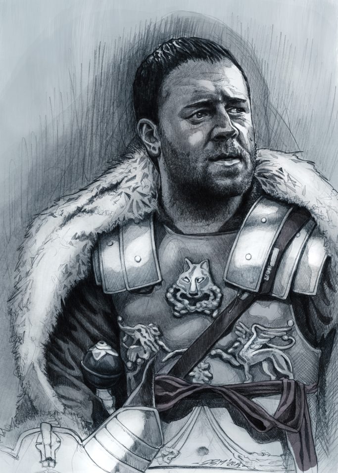 Russel Crowe - 2019, pencil, acrylic, digital Porträt eines römischen Kriegers in Rüstung mit Pelzkragen und nachdenklichem Ausdruck.