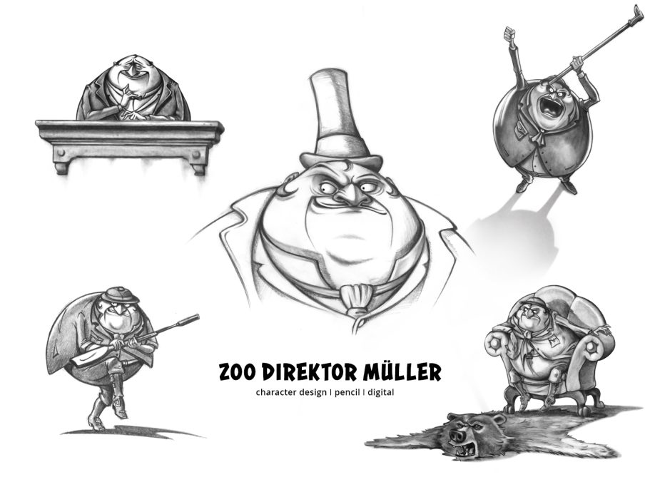 Zoo Direktor Müller I Das Wilde Pack Charakterdesigns für den Zoo Direktor Müller in verschiedenen Posen und Aktivitäten.