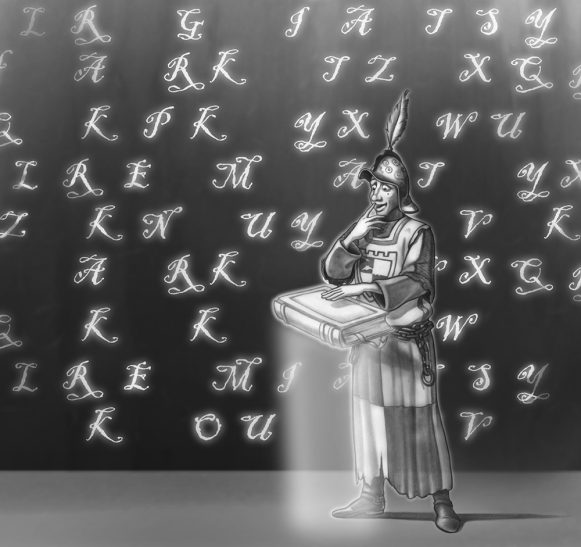 Das Zauberbuch Ein antiker Krieger denkt nach und hält eine Tafel, umgeben von Buchstaben.