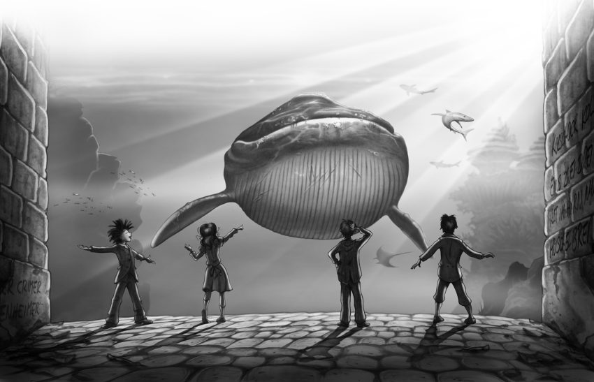 Der Wal Vier Kinder stehen staunend vor einem riesigen Wal in einer fantastischen Unterwasserwelt.