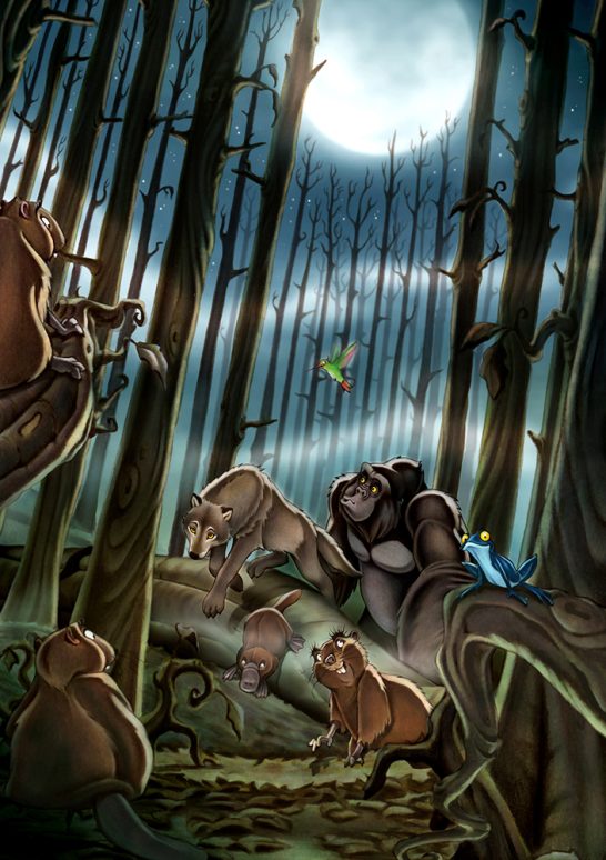 Im verbotenem Wald / Band 6 Tierische Versammlung im Wald bei Vollmond, unter Bäumen mit verschiedenen Tieren.