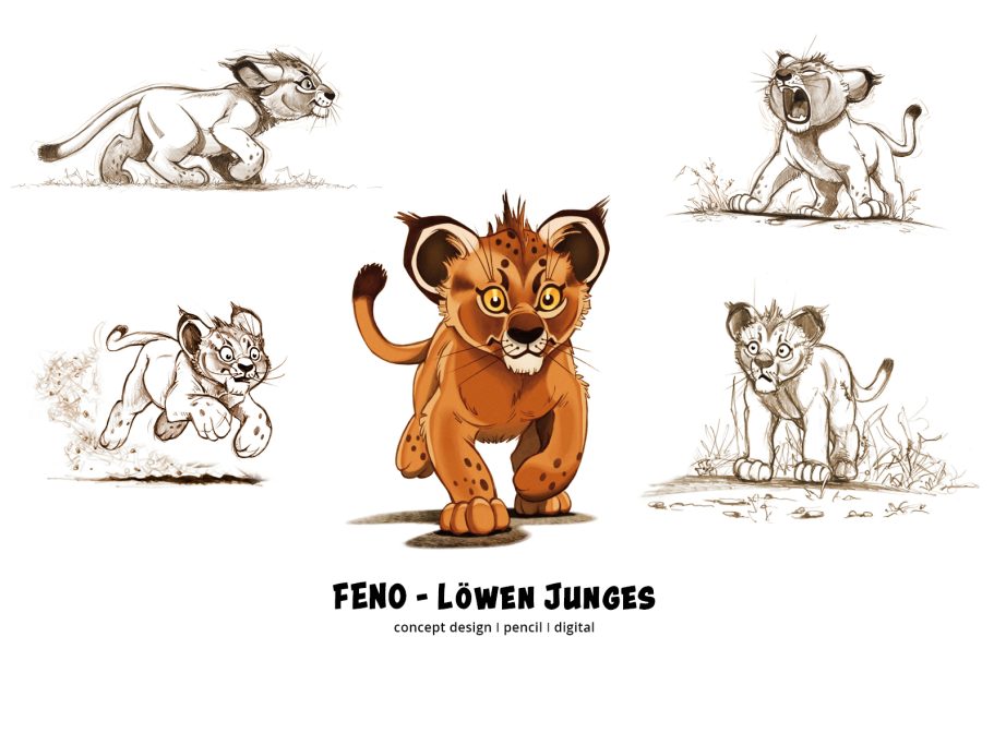 FENO Löwe I GEHE Pharma Ein stilisierter Löwe in verschiedenen Posen, umgeben von lionartigen Zeichnungen.