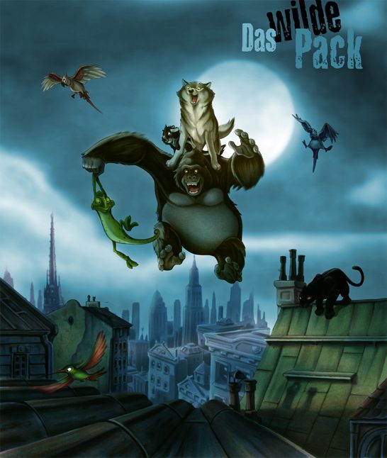 Über den Dächern bei Nacht Ein bunter Cartoon mit einem großen Gorilla und verschiedenen Tieren vor einem Mondschein.