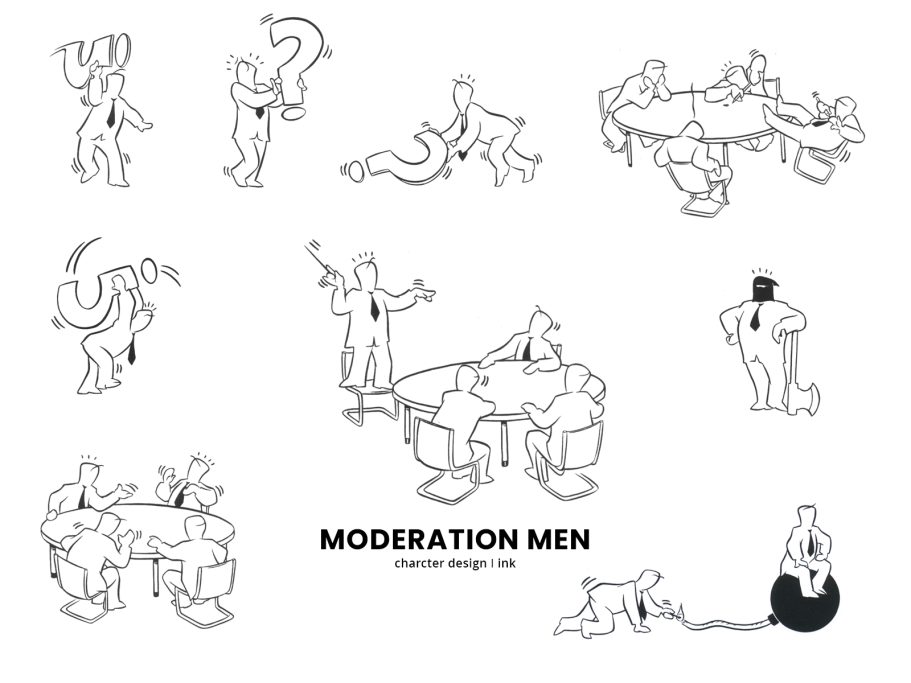 Moderation Men I Deutsche Bank Skizzen von Personen, die Diskussionen führen und Moderationsthemen darstellen.