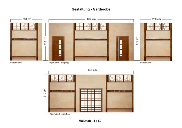 Layout eines Raumes mit Türen und Fenstern, skizziert in drei Ansichten.