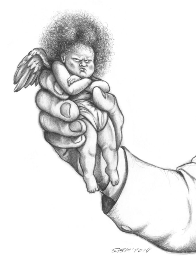 Engel gefangen - 2014, Pencil Ein Engel wird von einer großen Hand gehalten, mit einem konzentrierten Gesichtsausdruck.