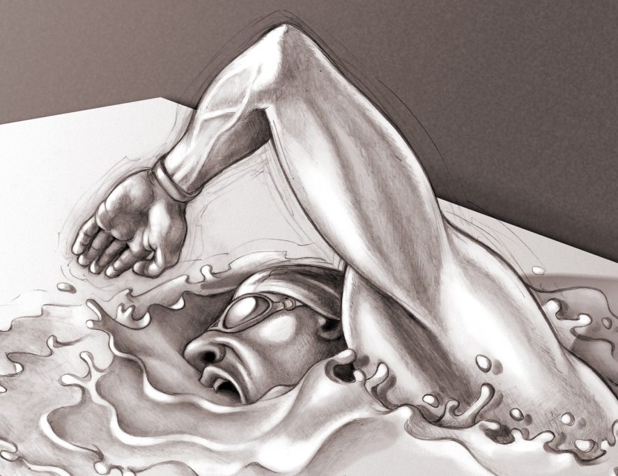 Schwimmer - 2021, Pencil, digital Ein Schwimmer taucht mit einem Arm aus einer Wasseroberfläche empor.