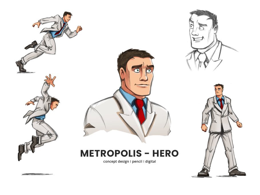 Metropolis Hero I Audi AG Mann in Anzug, verschiedene Posen und Gesichtsausdrücke, von heroischer Art.