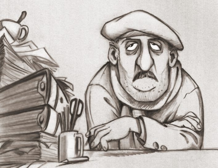 Französisch Lehrer Ein nachdenklicher Mann mit einer Mütze, umgeben von Bürounterlagen und Schreibutensilien.