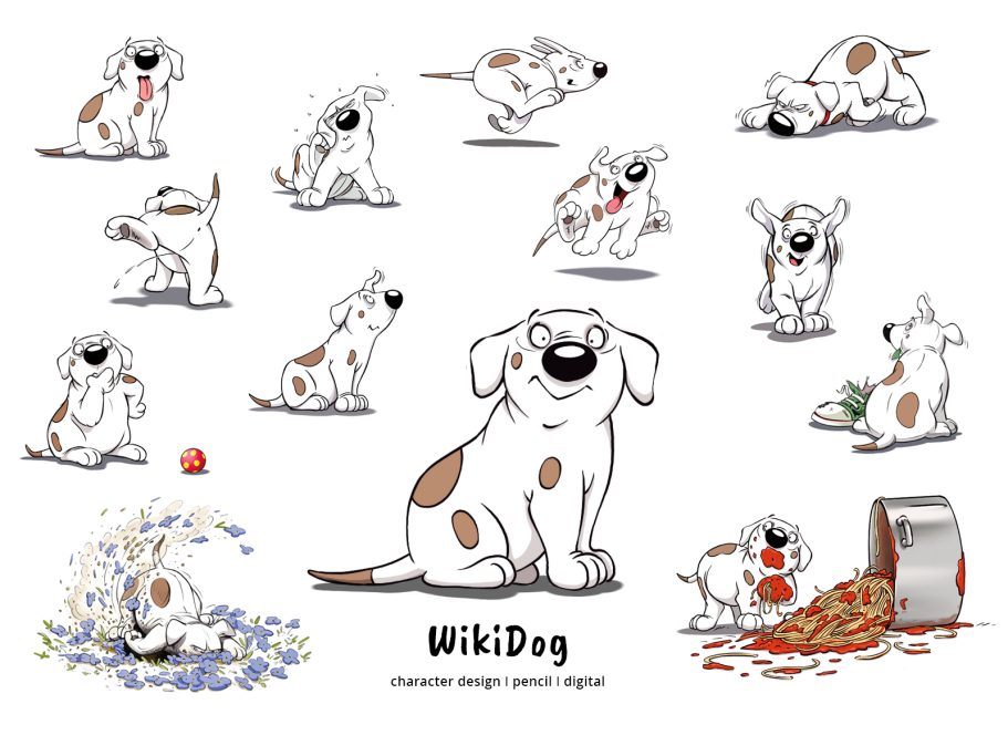 WikiDog I Hunde App Verspielte Hundeillustrationen in verschiedenen Posen und Aktionen.