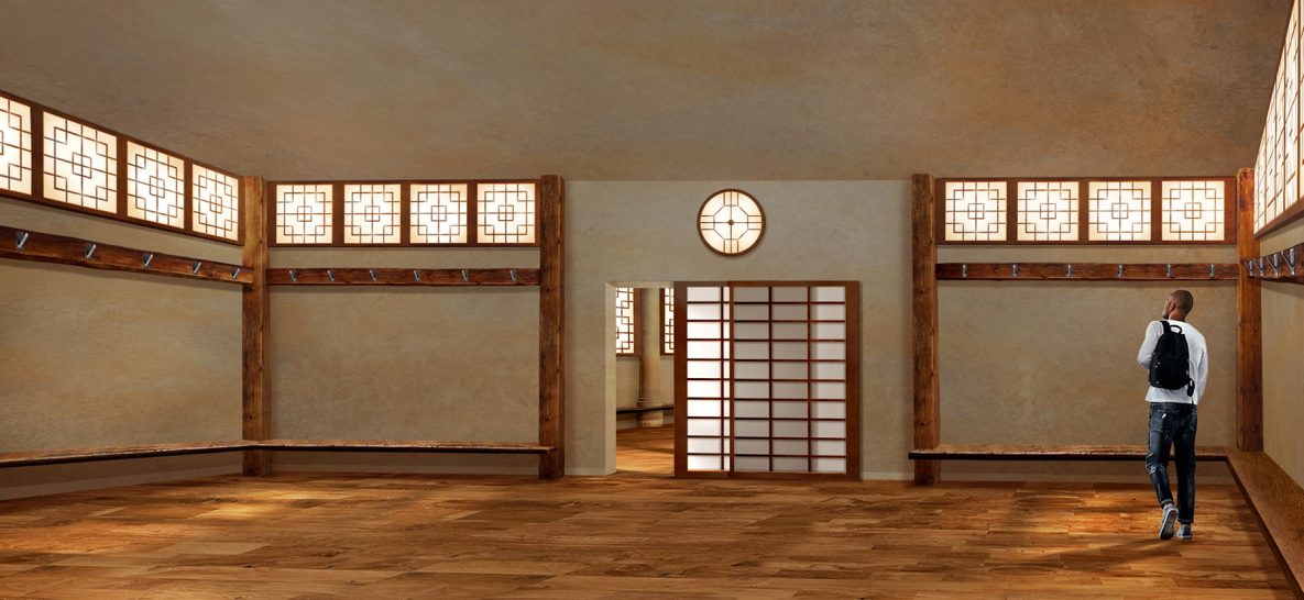 Raum mit Holzfußboden, großen Fenstern und traditioneller japanischer Gestaltung.