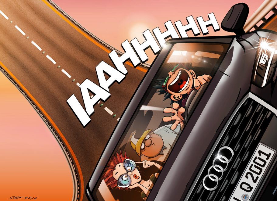 Ein Wagen mit fröhlichen Passagieren, die laut schreien, auf einer kurvenreichen Straße.