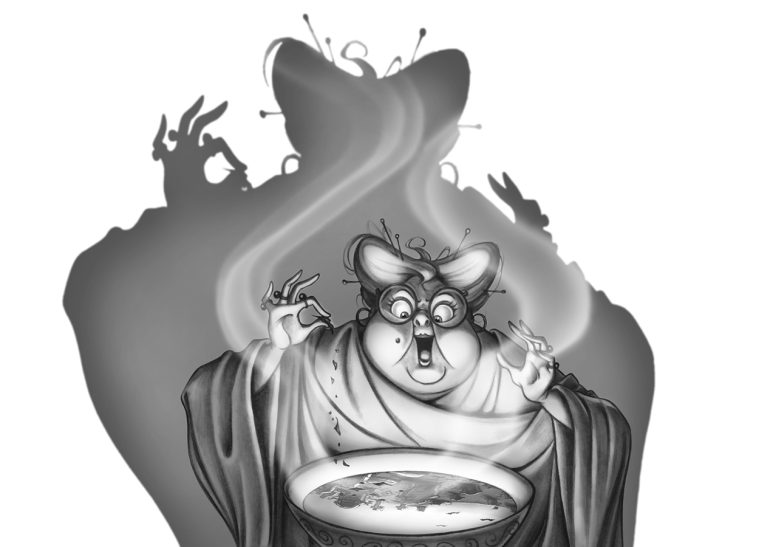 Die Zauberköchin Eine zaubernde Katze mit einem Kessel, umgeben von mysteriösen Schatten.