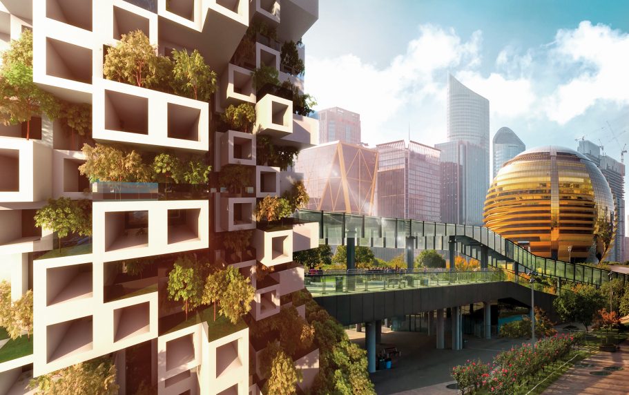 Moderne Stadtlandschaft mit grünen Gebäuden und futuristischen Elementen.