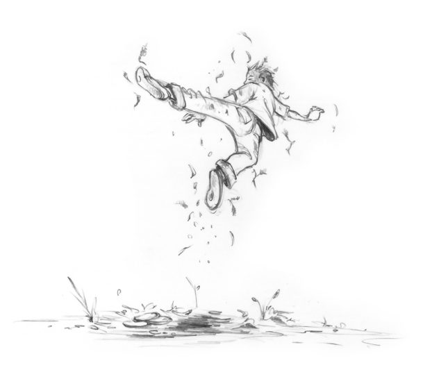 Kampf mit dem Unsichtbaren Eine Person springt in eine Pfütze und spritzt Wasser herum.