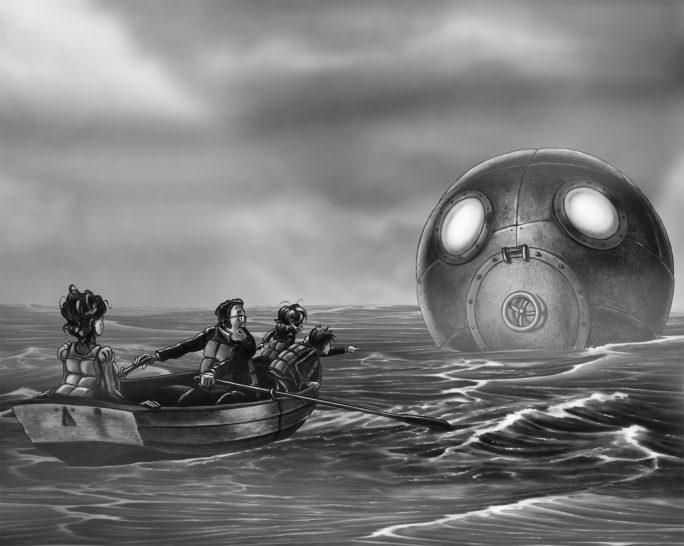 Das Boot Drei Personen in einem Boot beobachten eine große, runde Unterwasser-Kapsel im Wasser.