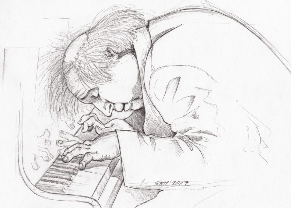 Sokolov - 2017, Pencil Junger Pianist spielt leidenschaftlich Klavier, konzentriert und mit ausdrucksstarker Mimik.