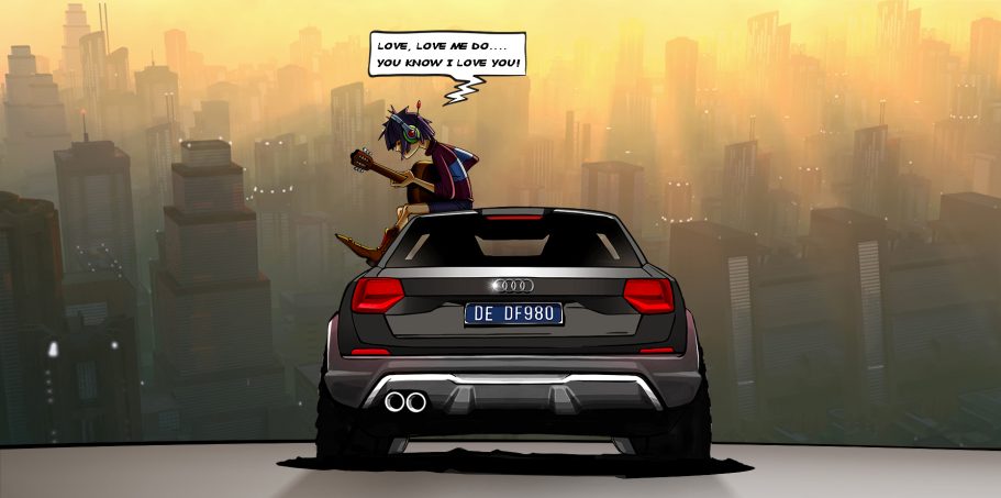 Ein cartoonartiger Hund sitzt auf einem Auto und spielt Gitarre vor einer Stadtkulisse.