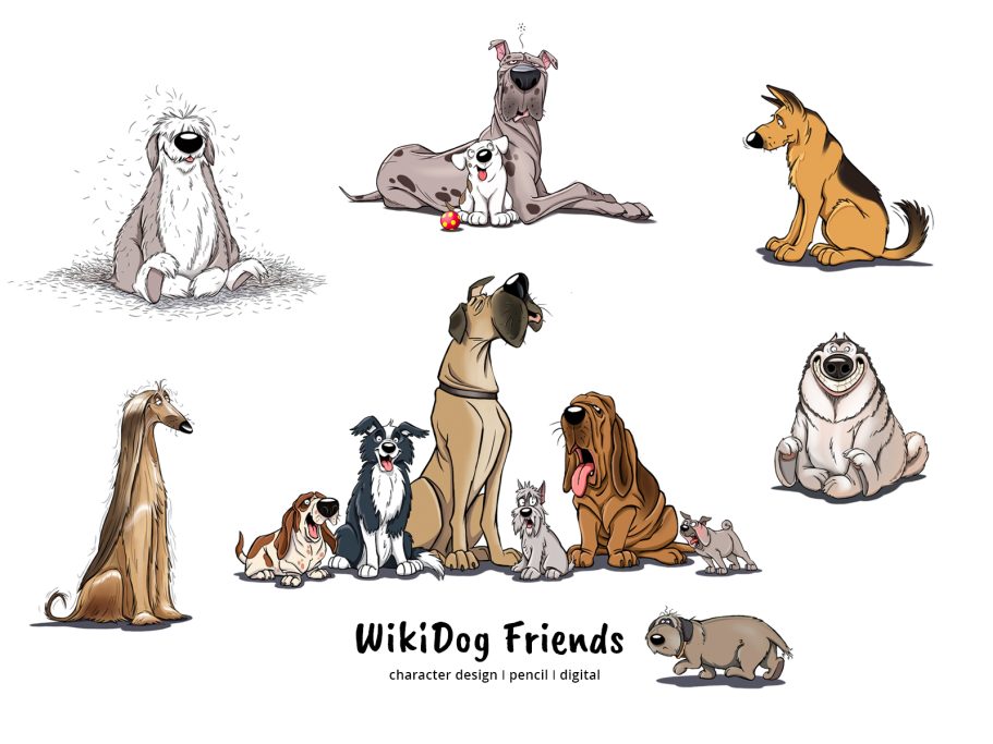 WikiDog Friends I Hunde App Eine bunte Ansammlung von verschiedenen Hunderassen in verspielter Stimmung.