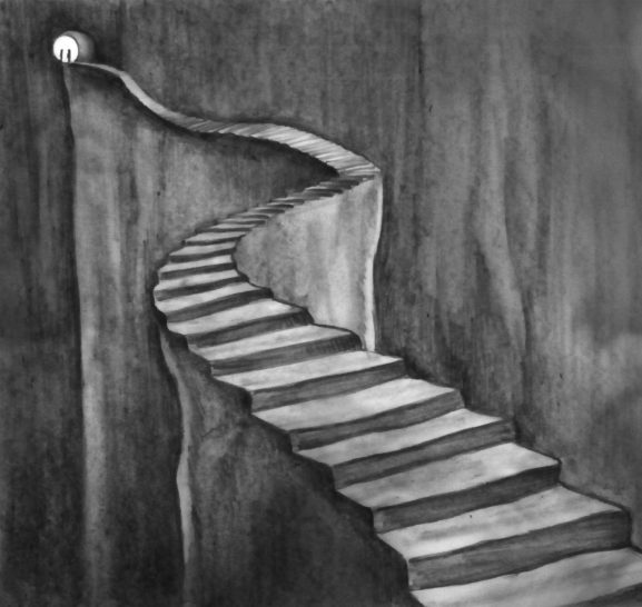 Die Treppe Eine winding Treppe, die in die Dunkelheit führt, mit einem Lichtpunkt oben.