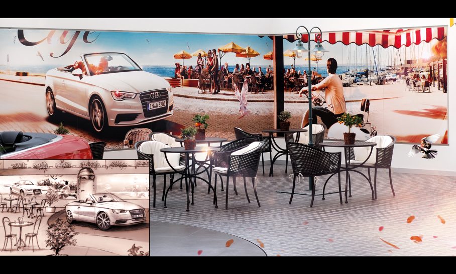 Szenische Darstellung eines Strandes mit einem weißen Auto und leeren Tischen.