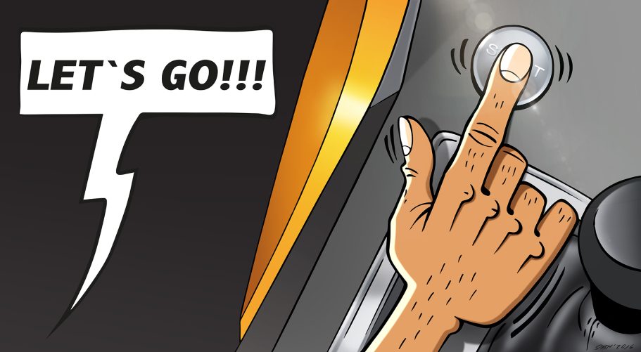 Hand drückt auf einen Knopf mit dem Text "LET'S GO!!!" in dynamischer Schrift.