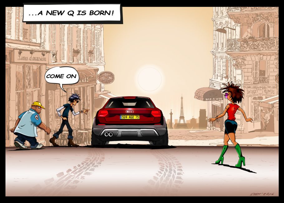 Zwei Männer reparieren ein Auto, während eine Frau in auffälliger Kleidung zusieht.