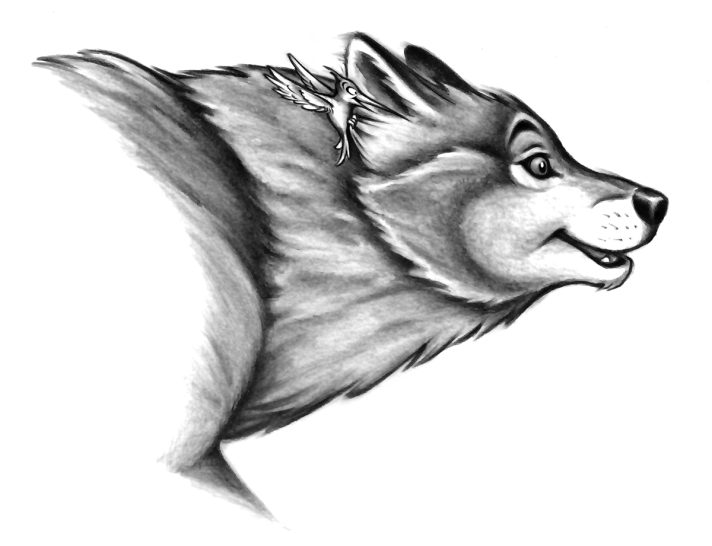 Hamlet und Spy Ein schattierter Wolfskopf, der nach rechts blickt, mit einem freundlichen Ausdruck.