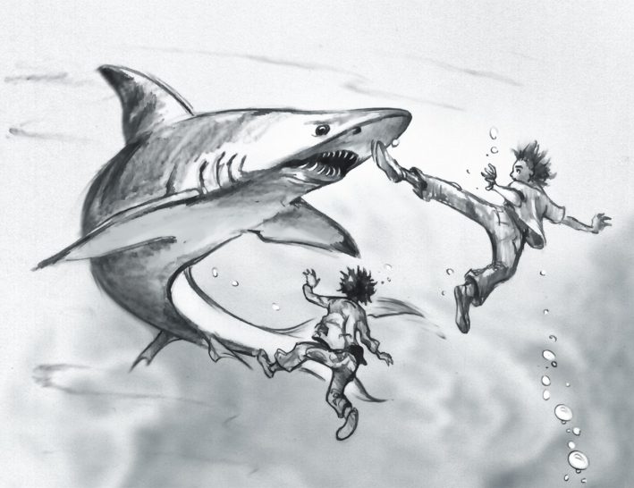 Tigerhai Ein Hai beißt einen Schwimmer, während ein anderer Schwimmer daneben zu sehen ist.