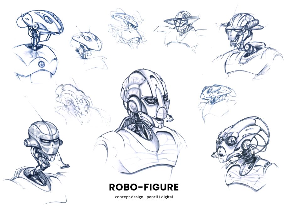 Roboter I Unique Costumes Skizzen verschiedener humanoider Roboterfiguren mit unterschiedlichen Designs.