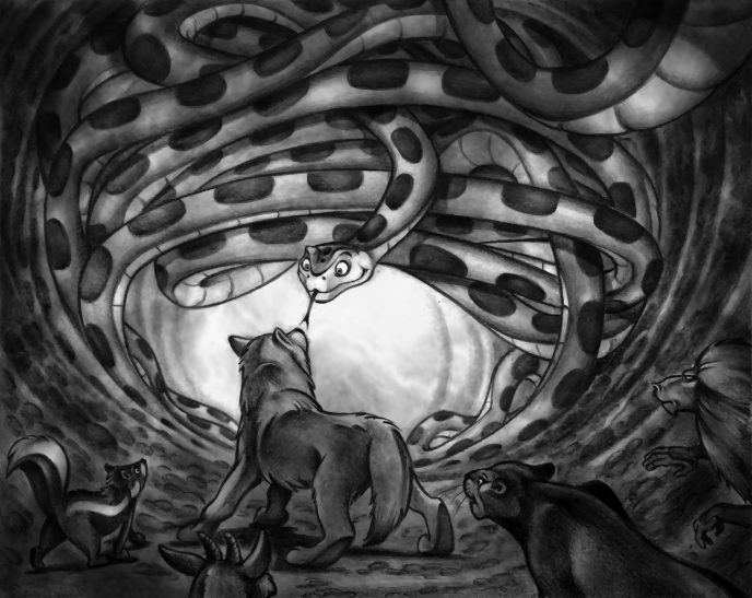 Rafinas Höhle Eine Gruppe von Tieren schaut in einen dunklen, verworrenen Tunnel.