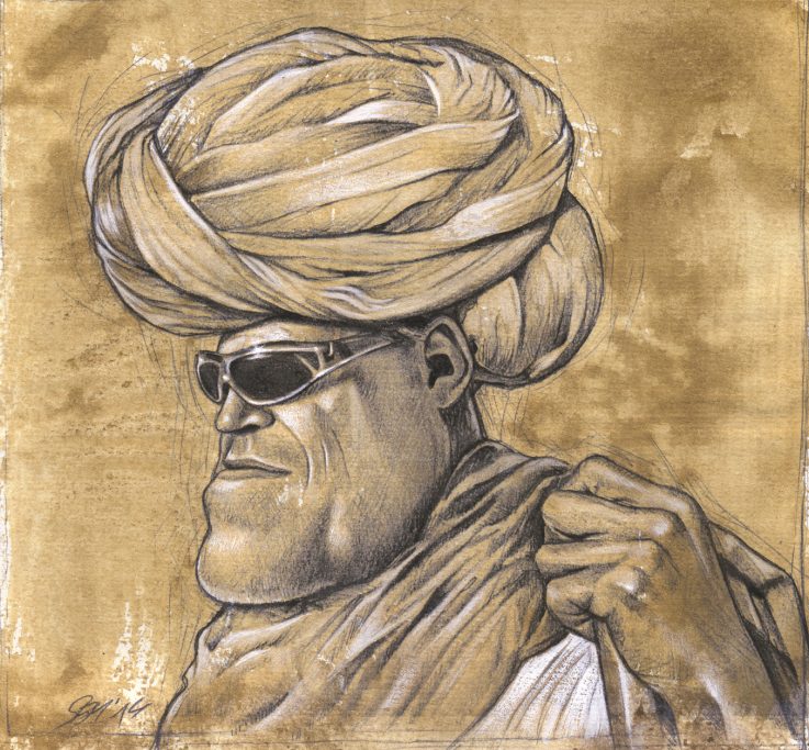 Mann mit Turban - 2014, pencil, acrylic, digital Männliche Figur mit Turban und Sonnenbrille vor braunem Hintergrund.
