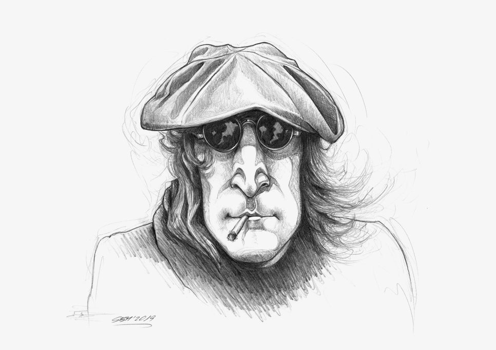 John Lennon - 2019, pencil Karikatur eines Mannes mit Hut, Sonnenbrille und Zigarette, nachdenklicher Ausdruck.