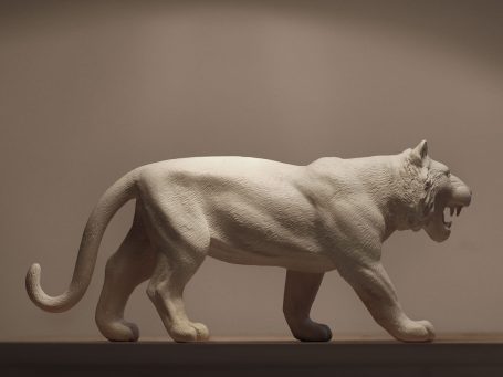 Weißer Tiger in dynamischer Laufposition, detailreich gestaltet.