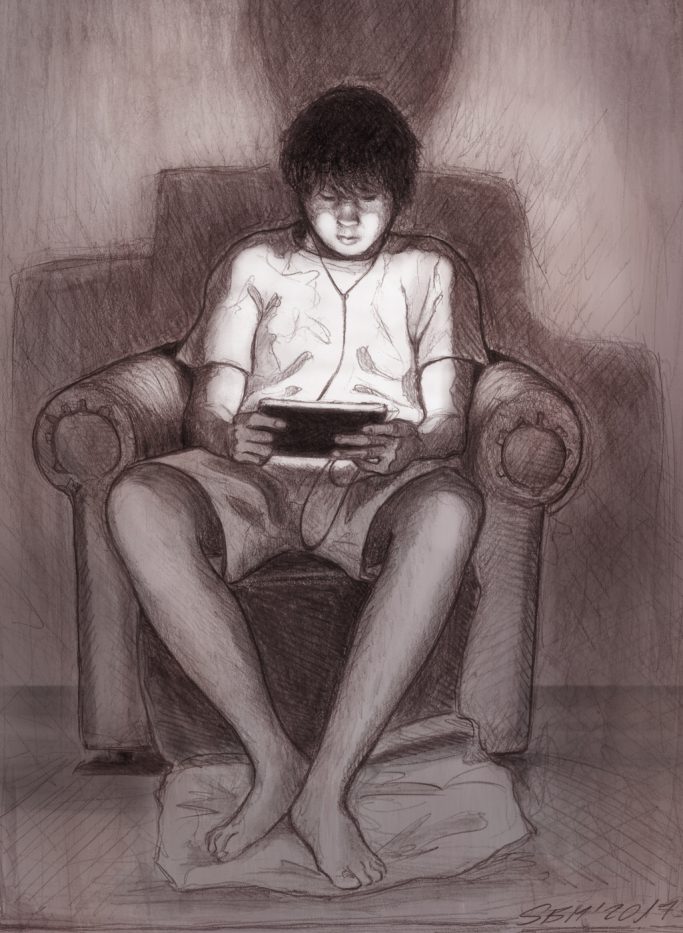 Junge mit i-Pad - 2017, Pencil, digital Junge sitzt auf einem Stuhl und spielt konzentriert auf einem Handheld-Spielgerät.