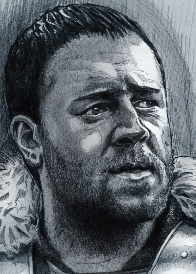 Russel Crowe - close up Porträt eines Mannes mit entschlossenem Blick und Bart, im historischen Gewand.