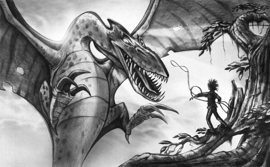 Drachen fangen Ein Drache blickt einen mutigen Jungen an, der sich auf einen Stamm stützt.