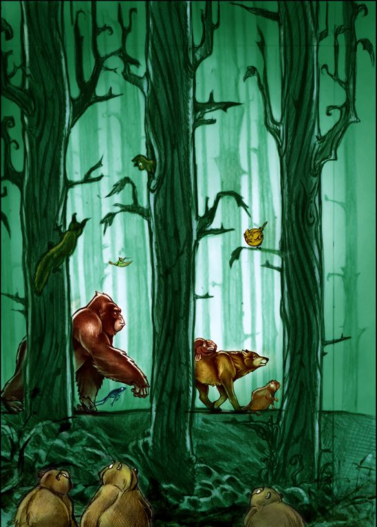 Im verbotenem Wald Ein geheimnisvoller Wald mit Tieren und einer humanoiden Kreatur zwischen den Bäumen.