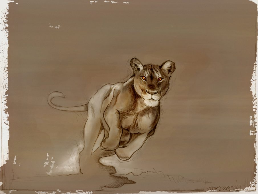 Löwin - 2021, pencil, acrylic, digital Löwenjunges springt über den Boden in einem sandfarbenen Umfeld.