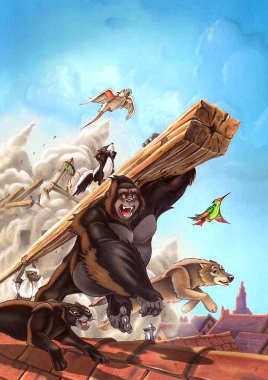 DasWildePack / Band 4 Ein Gorilla hält einen großen Balken, während Vögel und andere Tiere um ihn fliegen.