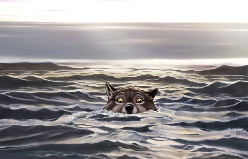 Die Überschwemmung Ein Wolf taucht im Meer auf, umgeben von Wellen und einem dramatischen Himmel.