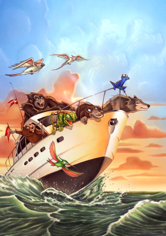 In voller Fahrt Ein fantasievolles Schiff mit Tieren, die von Vögeln begleitet werden, bei Sonnenuntergang.