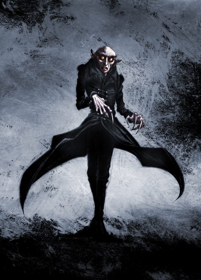 Nosferatu - 2023, pencil, acrylic, digital Fantasiefigur mit spitzen Ohren und schwarzem Umhang, vor dunklem, mystischem Hintergrund.