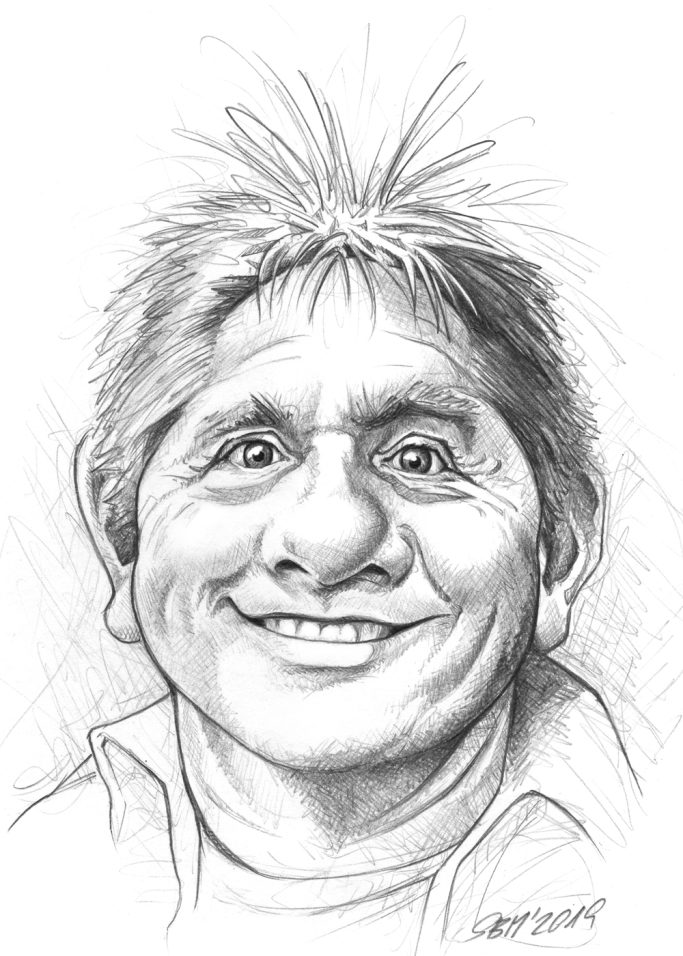 Henning - 2029, Pencil Karikatur eines lächelnden Mannes mit struppigem Haar und runden Gesichtszügen.
